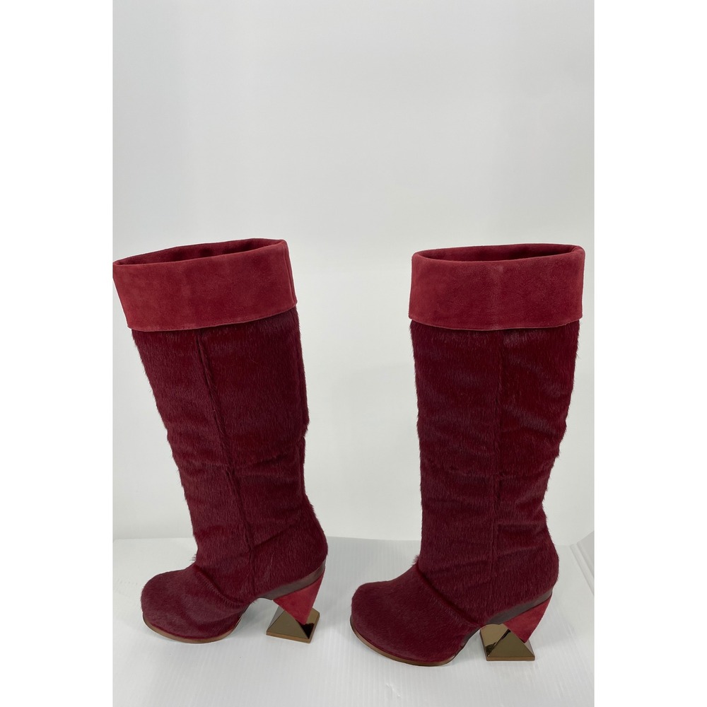 Irregular Choice Ascension‎ Boots Burgundy Pony Hair Sculptural Heel US 7 EU 38 - Picture 2 of 11